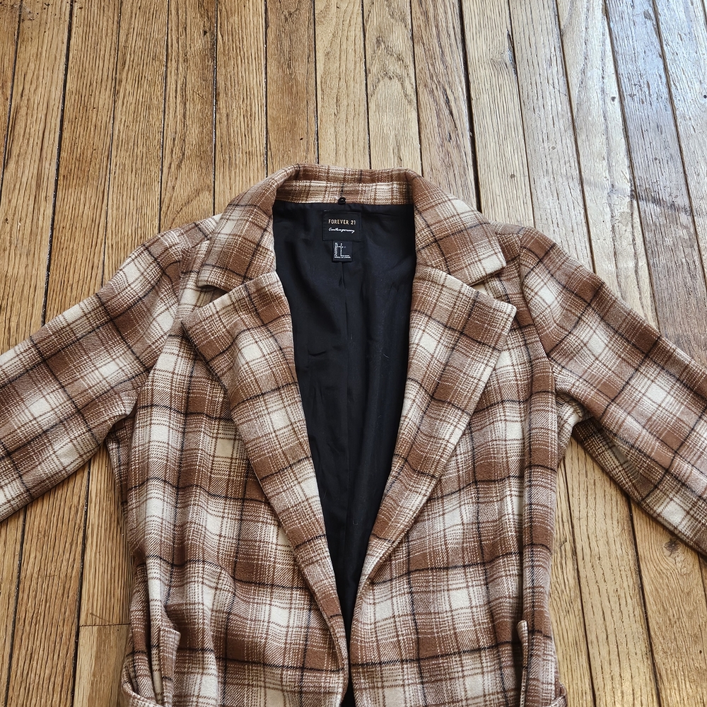 Forever 21 Brown And White Trench Plaid Belted Women's Coat - Picture 3 of 8